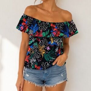 Tropical Nights Off-the-Shoulder Floral Ruffle Top Womens Small Fl
